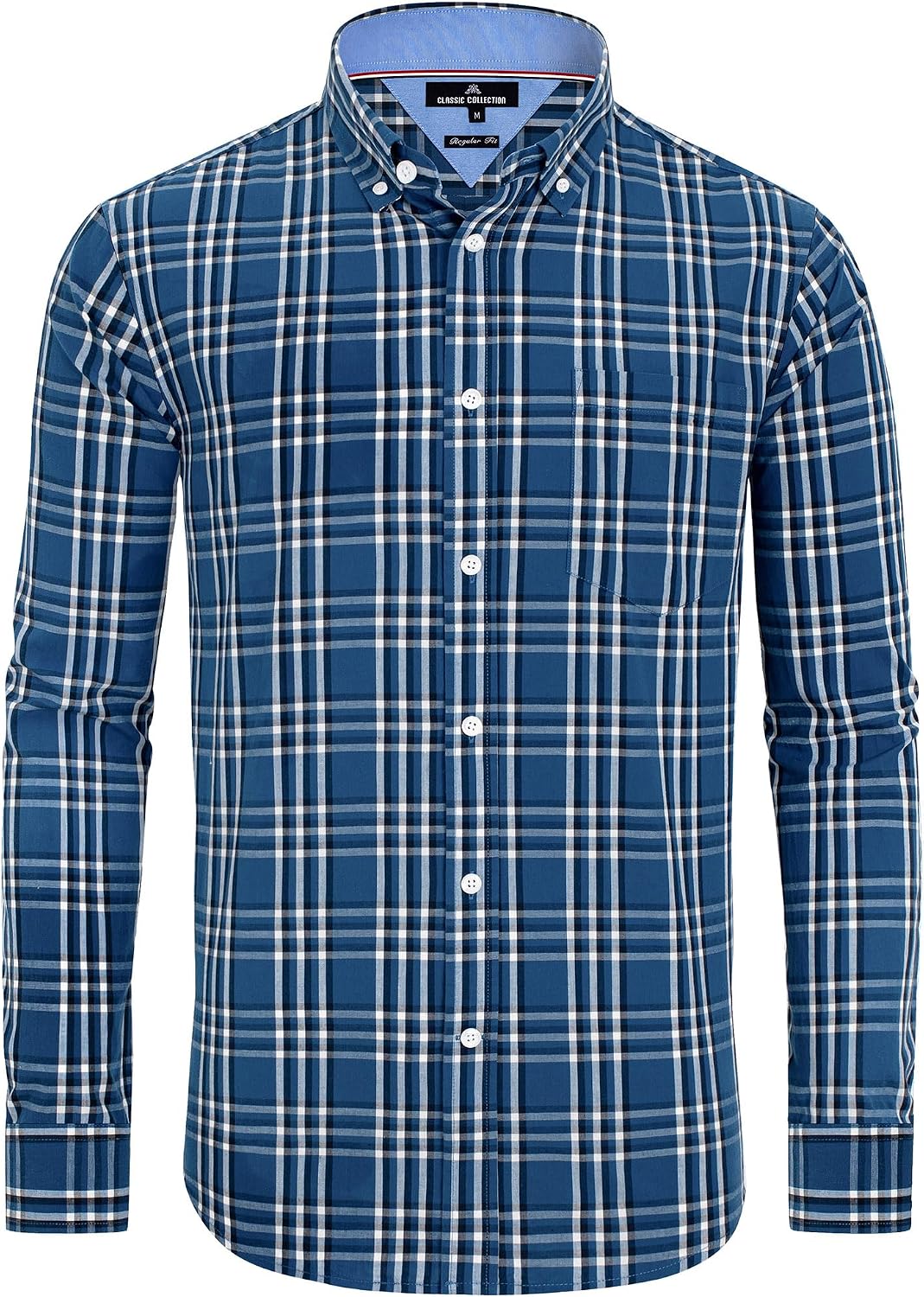 Alimens & Gentle Men's Plaid Button Down Shirts Cotton Long Sleeve Dress Shirts Regular Fit Gingham Shirts Navy White, Checked