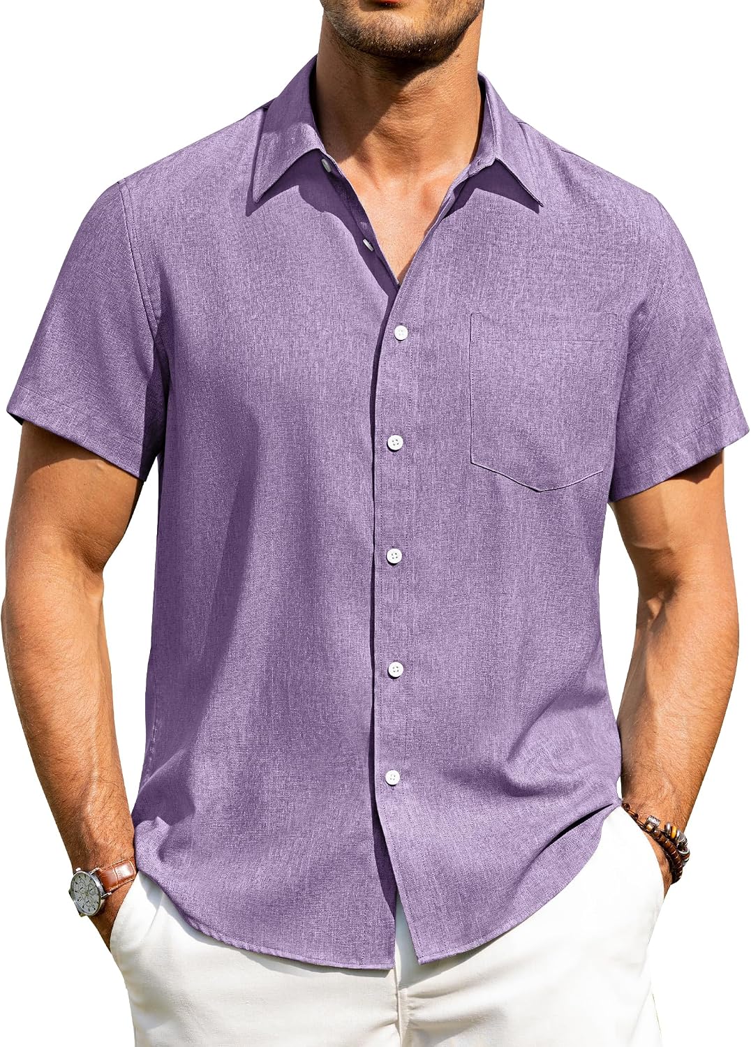 Alimens & Gentle Mens Linen Shirts Short Sleeve Button Down Shirts Wrinkle Free Casual Vacation Beach Summer Tops Purple