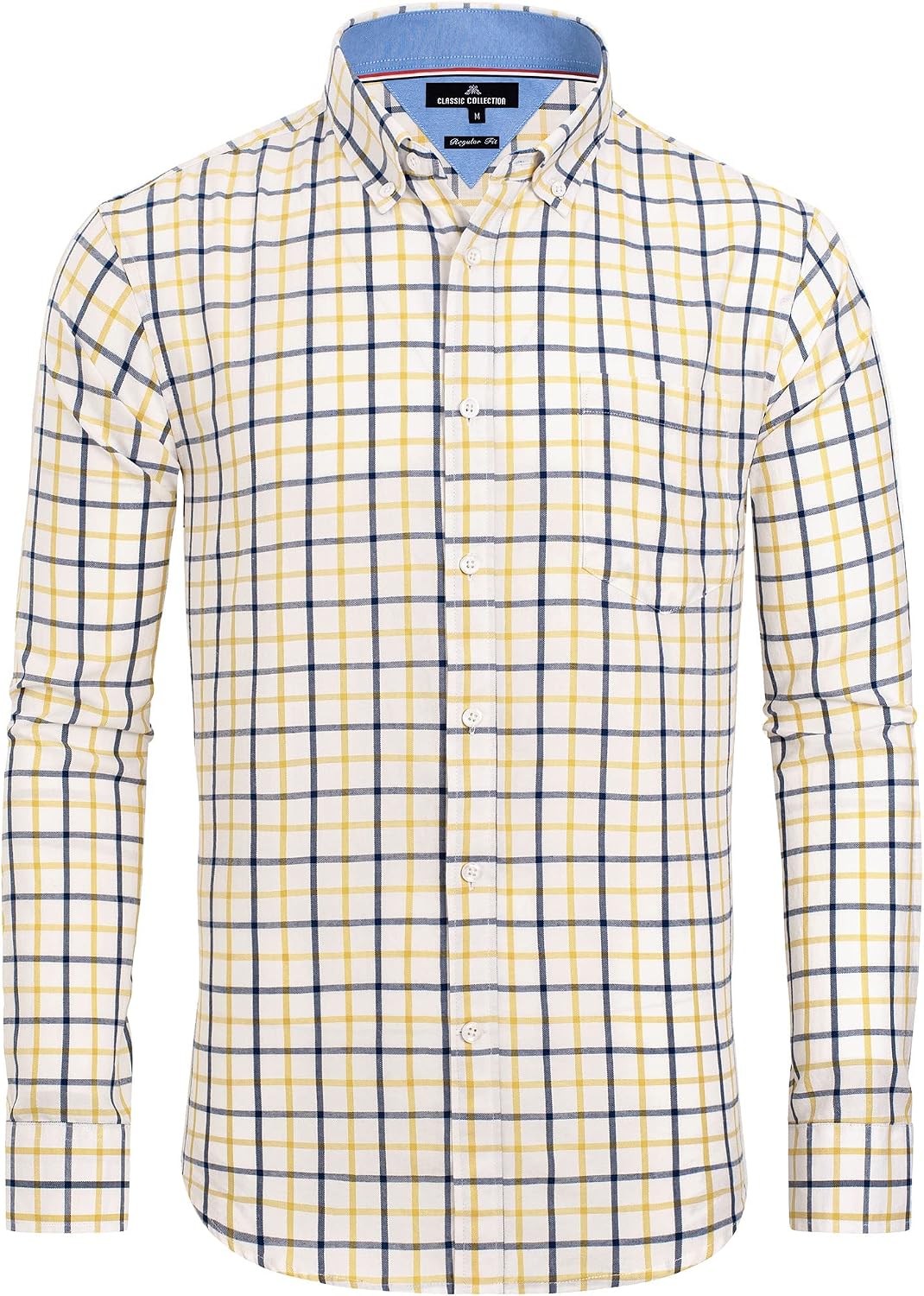 Alimens & Gentle Men's Plaid Button Down Shirts Cotton Long Sleeve Dress Shirts Regular Fit Gingham Shirts Yellow, Gingham