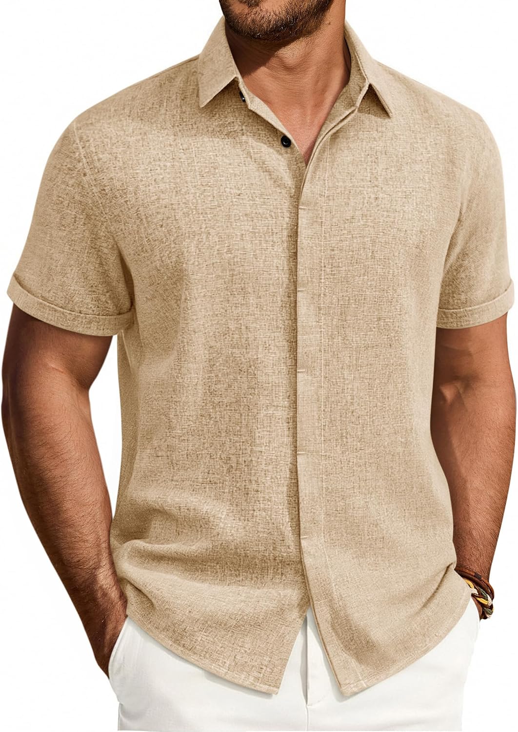 Mens Linen Shirt Short Sleeve Button Down Shirt Summer Casual Beach Tops Tan