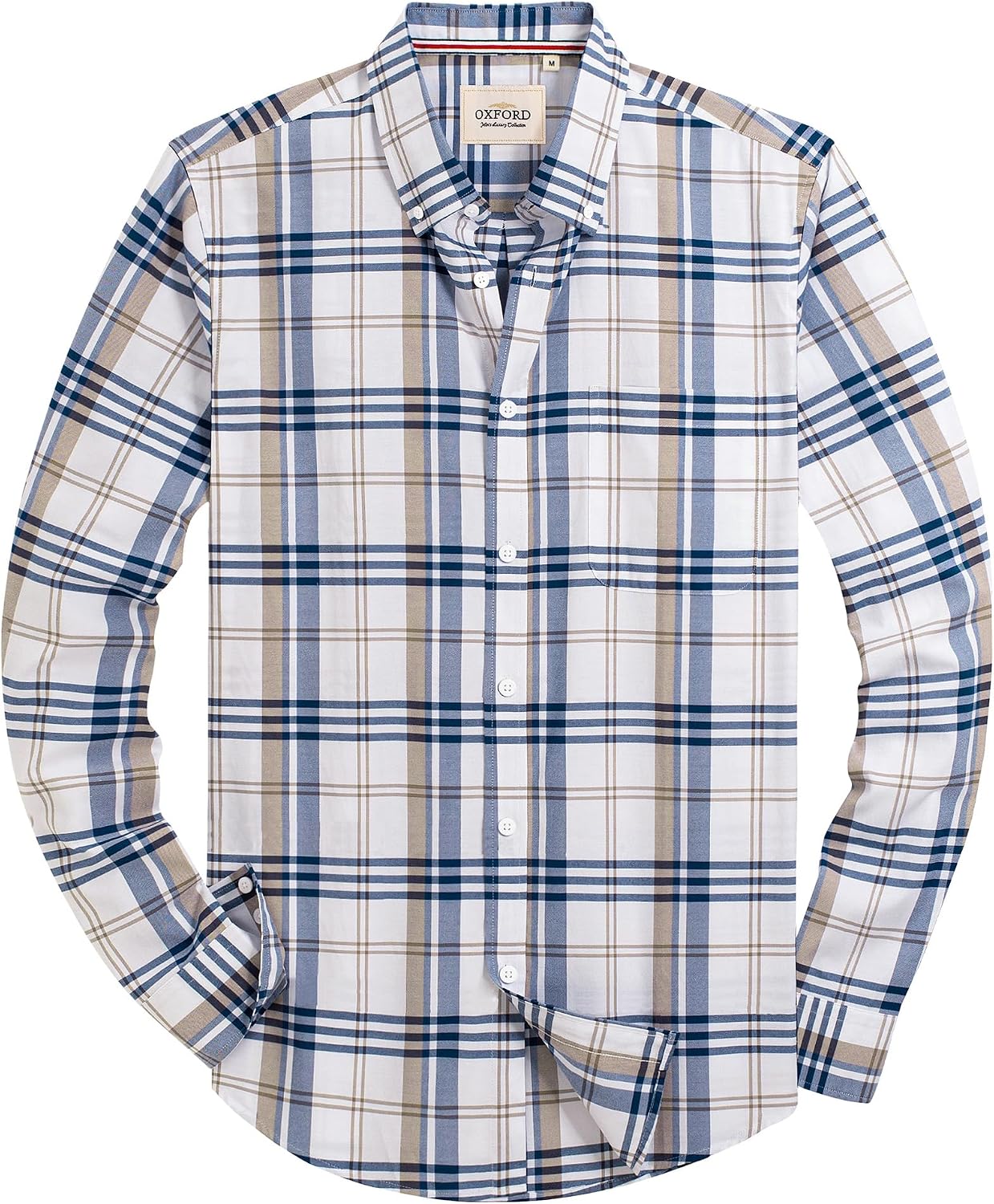 Alimens & Gentle Mens Solid Oxford Shirt Long Sleeve Dress Shirt Work Casual Button Down Shirts with Pocket Check-light Blue & White