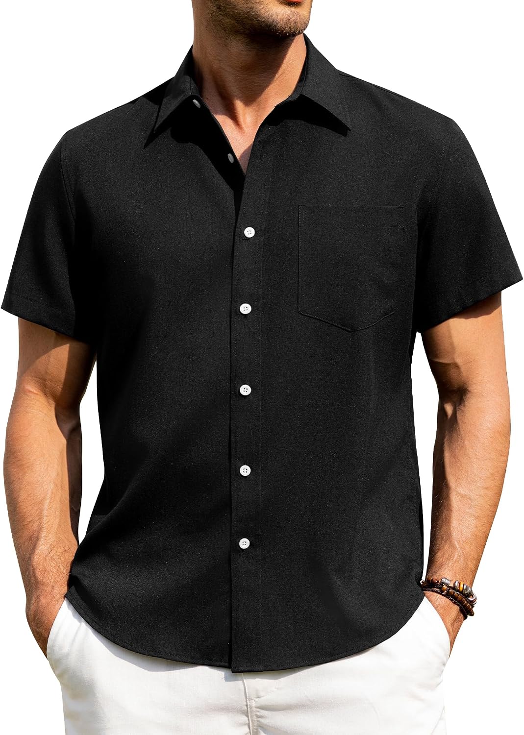 Alimens & Gentle Mens Linen Shirts Short Sleeve Button Down Shirts Wrinkle Free Casual Vacation Beach Summer Tops Black