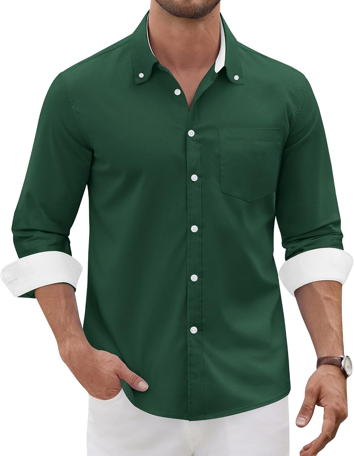 Men's Oxford Stretch Shirt Casual Long Sleeve Button Down Dress Shirt Green