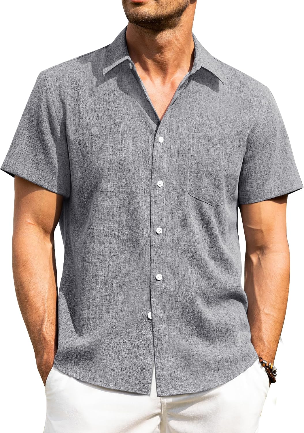 Alimens & Gentle Mens Linen Shirts Short Sleeve Button Down Shirts Wrinkle Free Casual Vacation Beach Summer Tops Grey