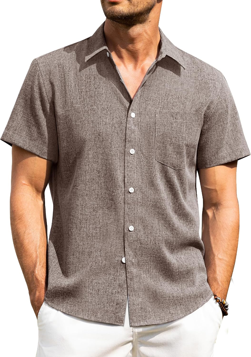 Alimens & Gentle Mens Linen Shirts Short Sleeve Button Down Shirts Wrinkle Free Casual Vacation Beach Summer Tops Brown