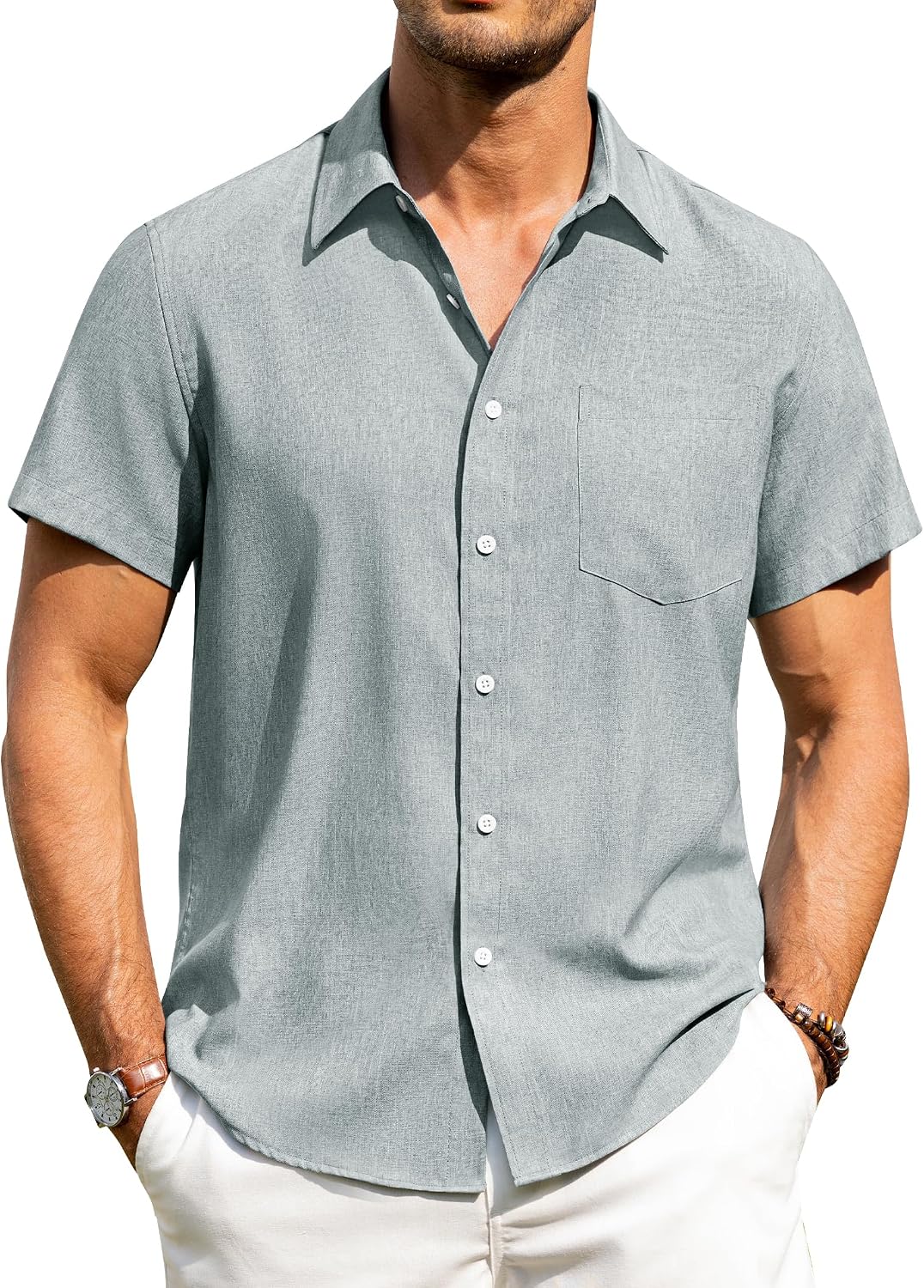 Alimens & Gentle Mens Linen Shirts Short Sleeve Button Down Shirts Wrinkle Free Casual Vacation Beach Summer Tops Aqua Blue