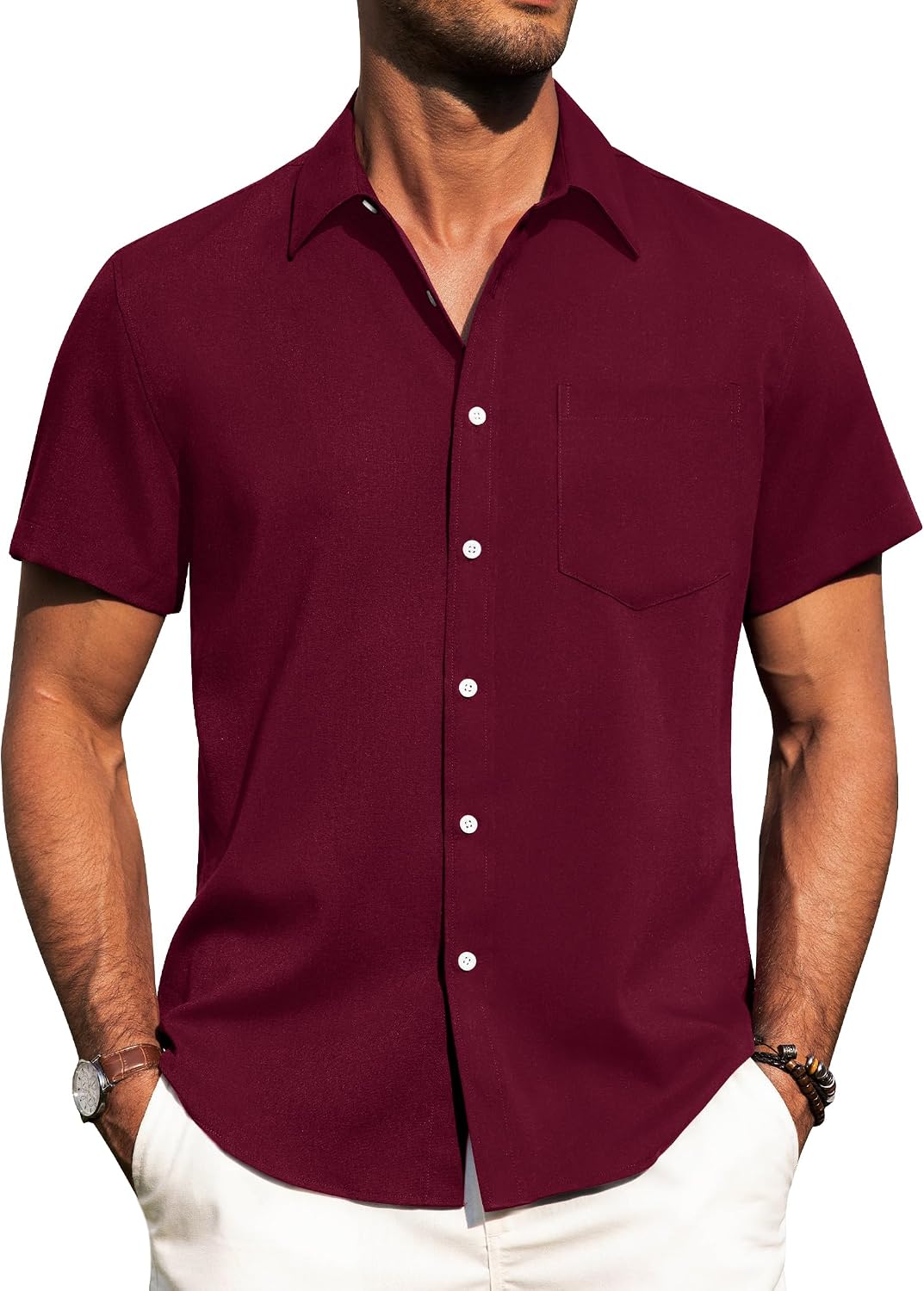 Alimens & Gentle Mens Linen Shirts Short Sleeve Button Down Shirts Wrinkle Free Casual Vacation Beach Summer Tops Burgundy