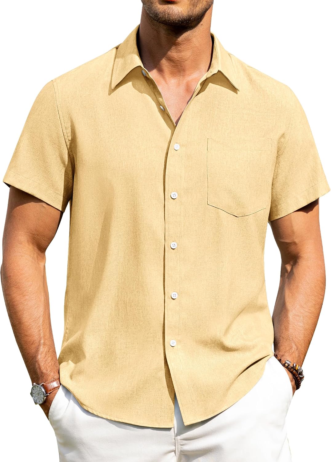 Alimens & Gentle Mens Linen Shirts Short Sleeve Button Down Shirts Wrinkle Free Casual Vacation Beach Summer Tops Yellow