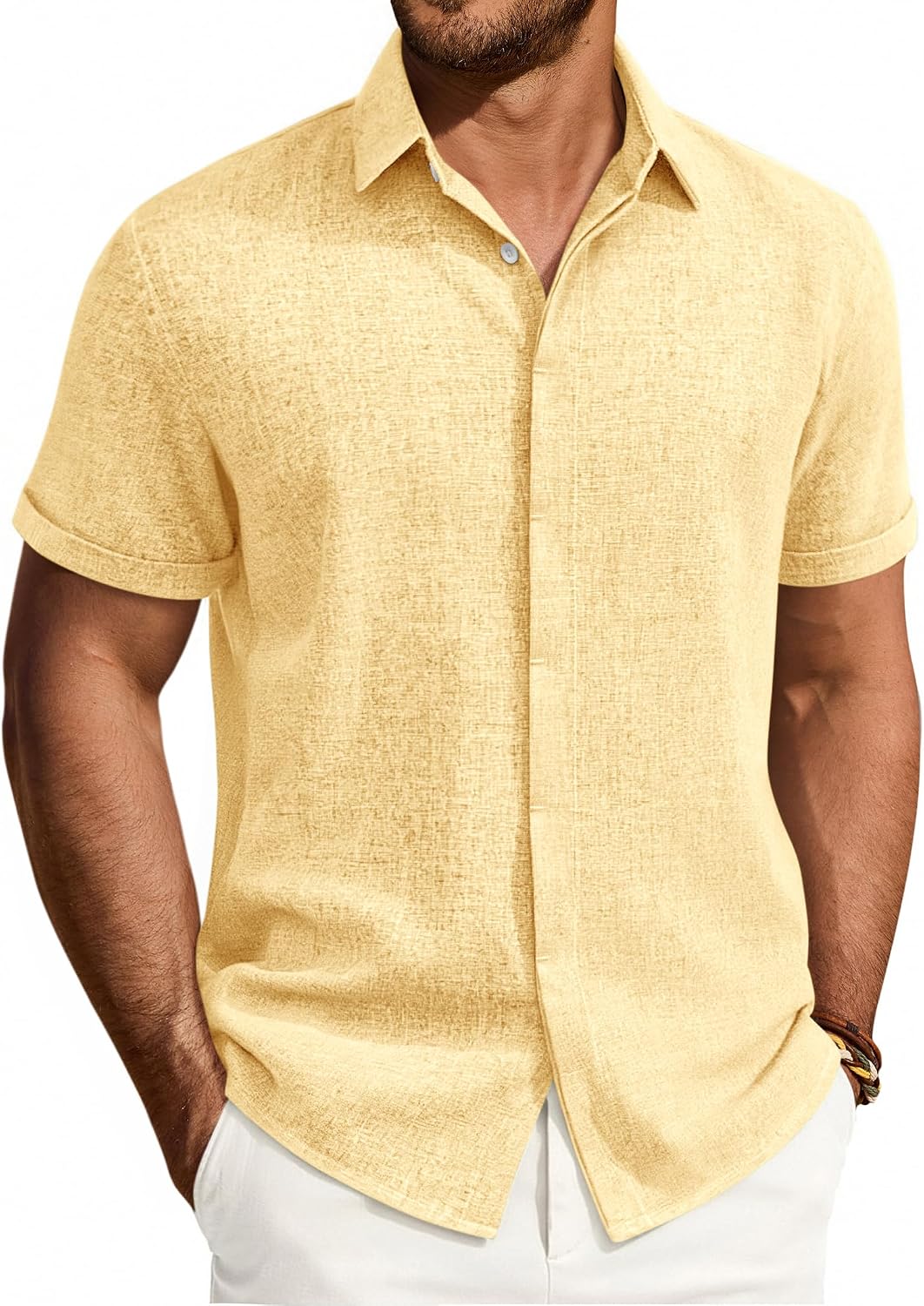 Mens Linen Shirt Short Sleeve Button Down Shirt Summer Casual Beach Tops Yellow