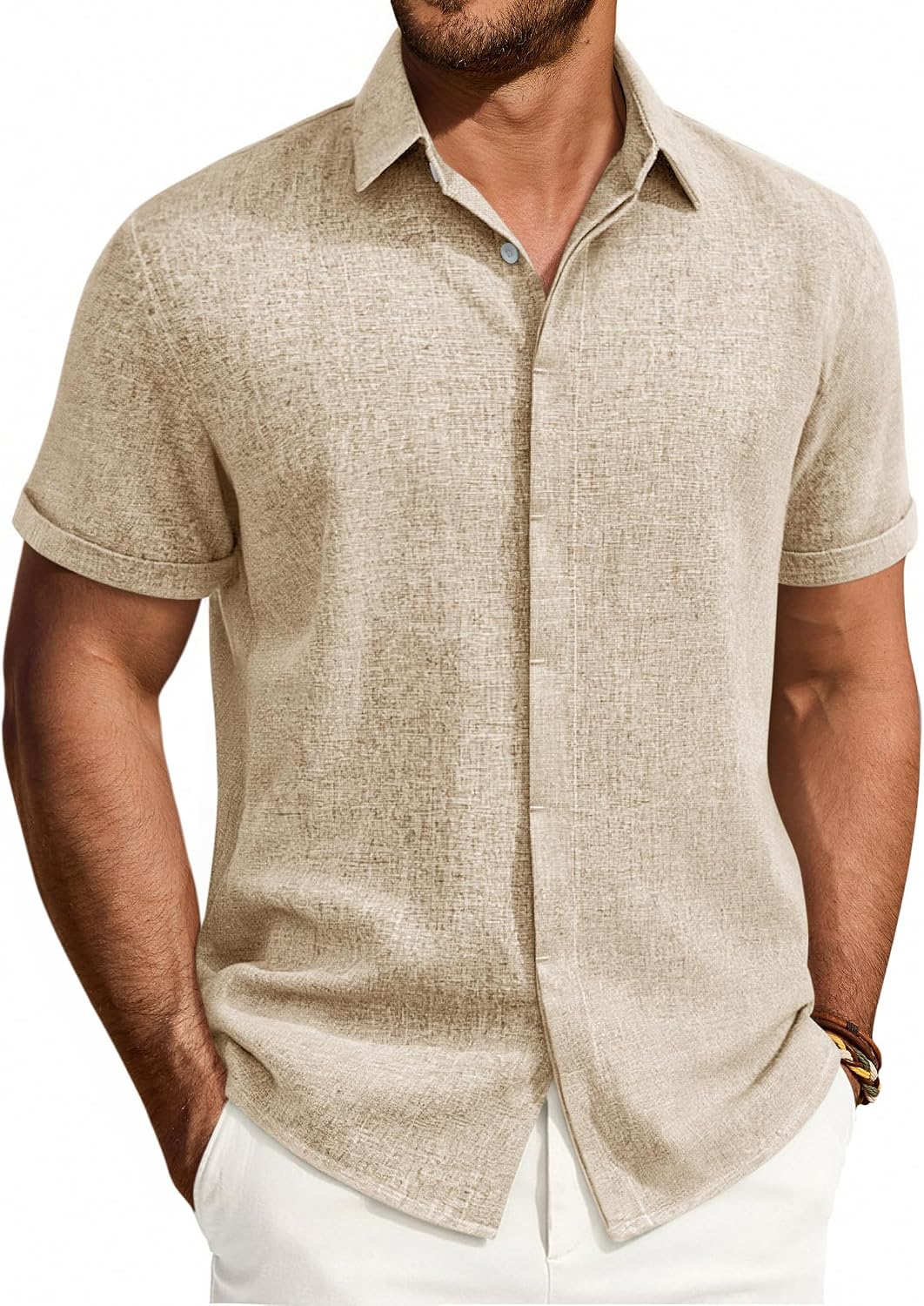 Mens Linen Shirt Short Sleeve Button Down Shirt Summer Casual Beach Tops Stone