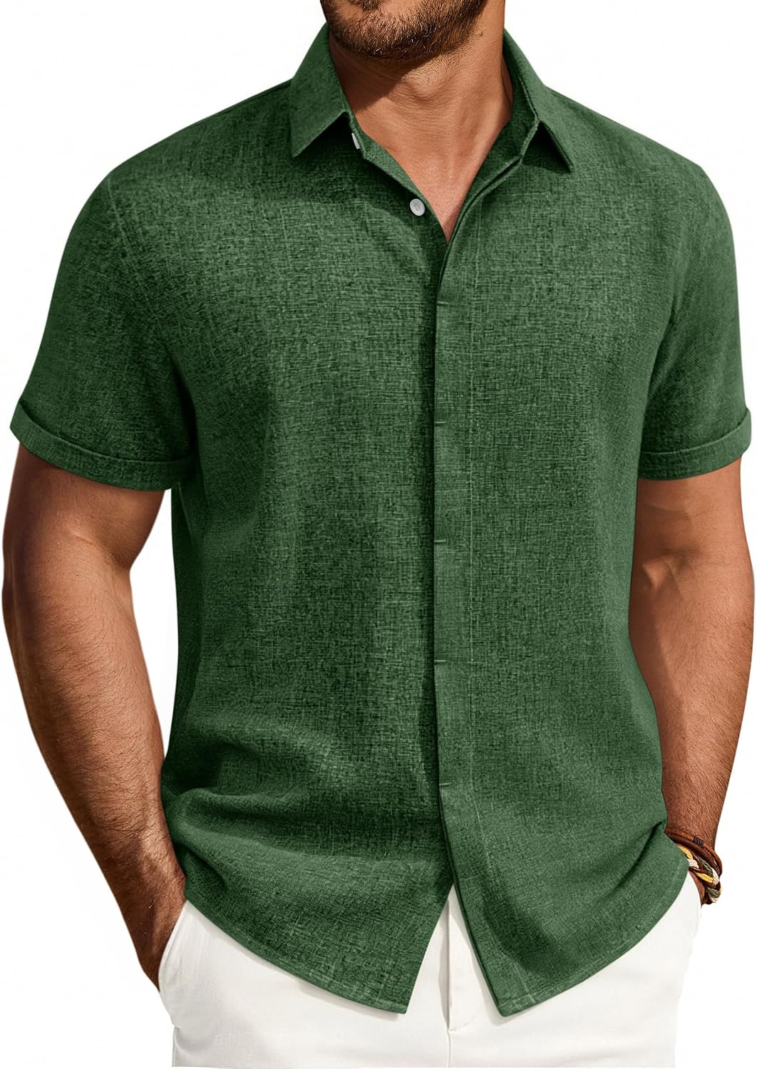 Mens Linen Shirt Short Sleeve Button Down Shirt Summer Casual Beach Tops Dark Green