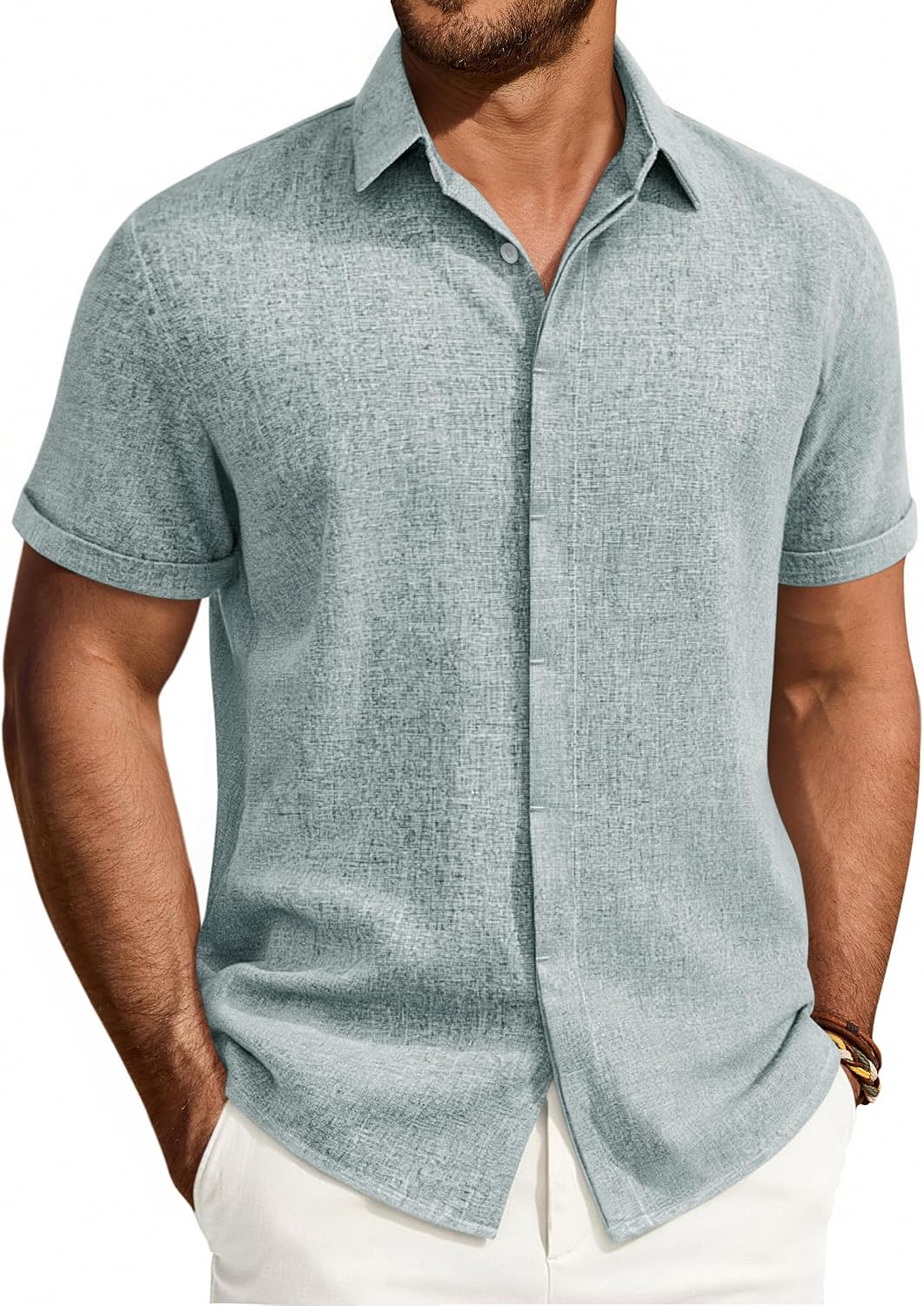 Mens Linen Shirt Short Sleeve Button Down Shirt Summer Casual Beach Tops Dusty Blue