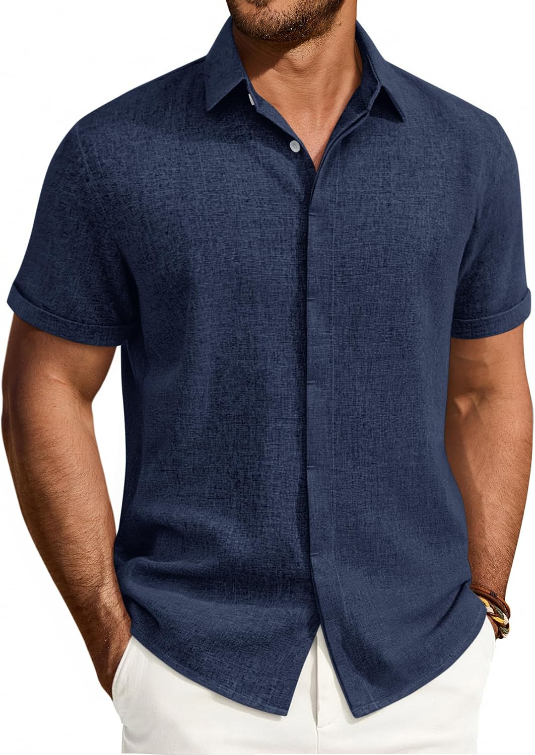 Mens Linen Shirt Short Sleeve Button Down Shirt Summer Casual Beach Tops Navy Blue