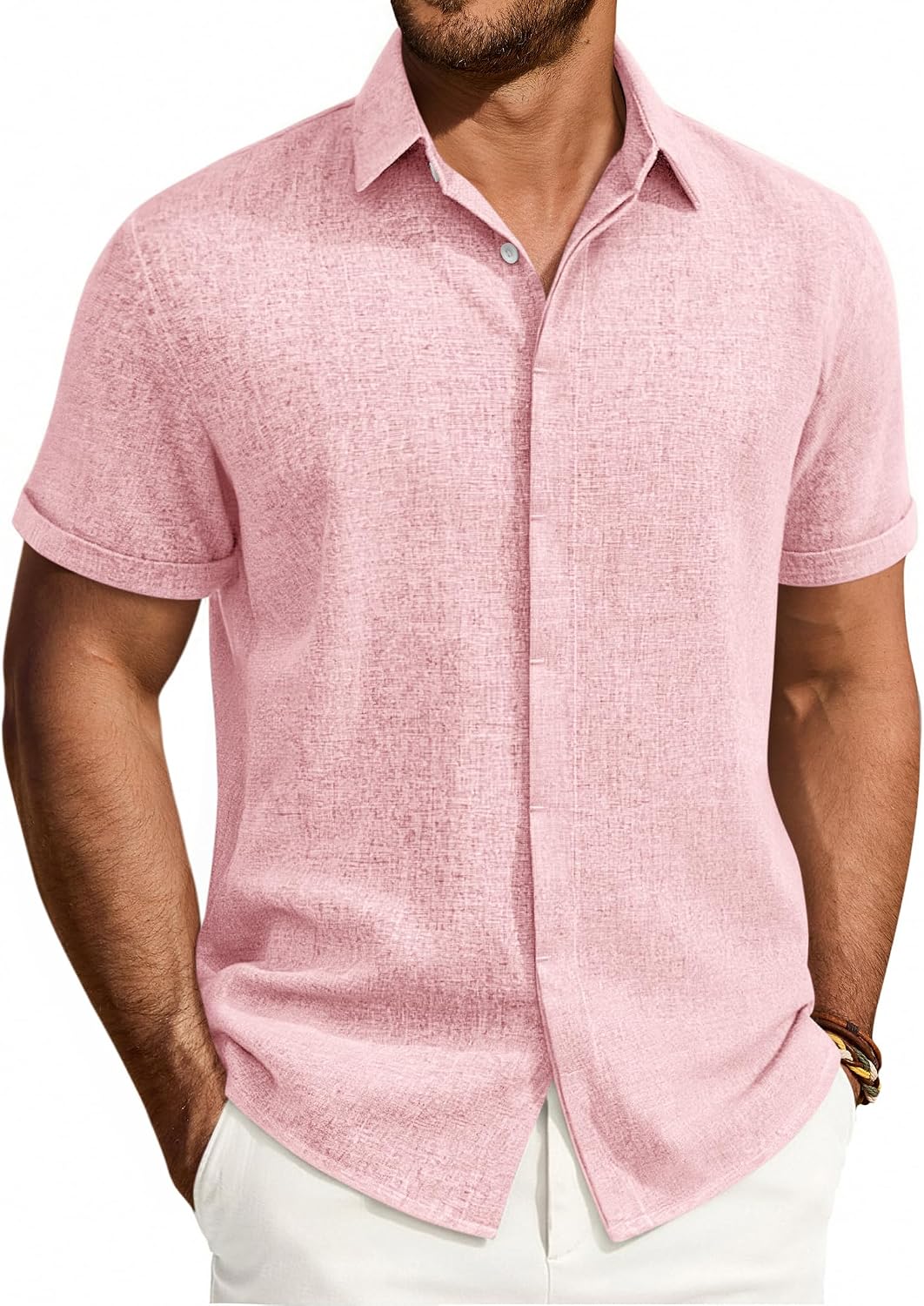 Mens Linen Shirt Short Sleeve Button Down Shirt Summer Casual Beach Tops Pink