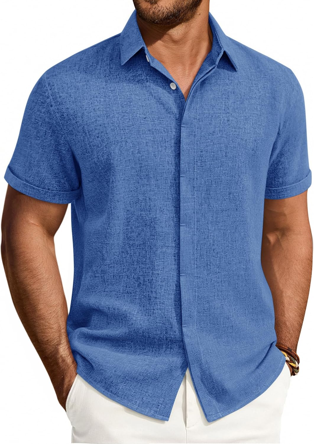 Mens Linen Shirt Short Sleeve Button Down Shirt Summer Casual Beach Tops Royal Blue