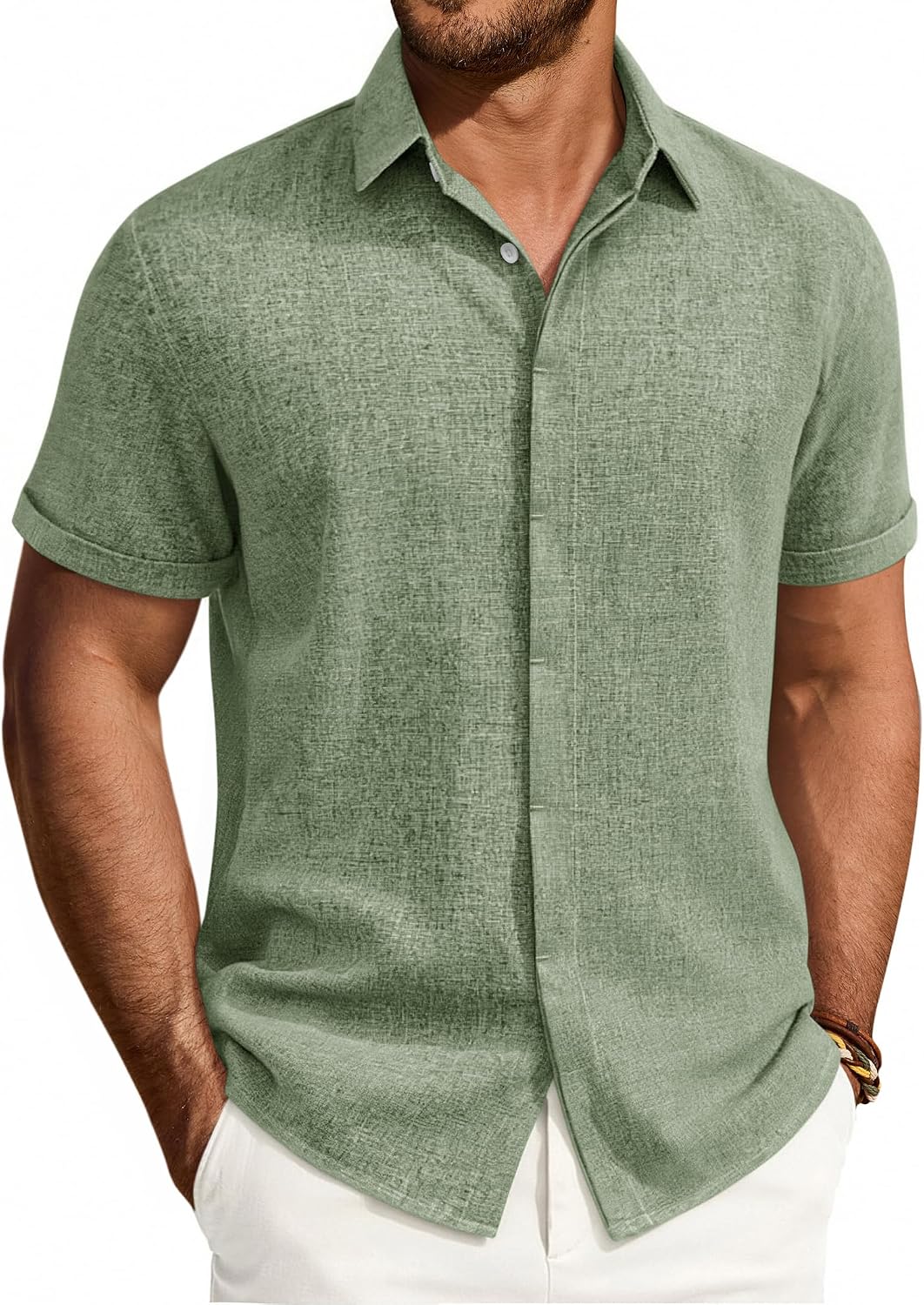 Mens Linen Shirt Short Sleeve Button Down Shirt Summer Casual Beach Tops Olive Green