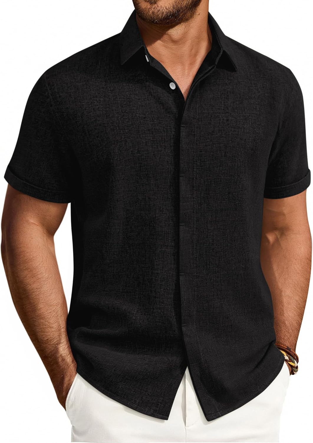 Mens Linen Shirt Short Sleeve Button Down Shirt Summer Casual Beach Tops Black