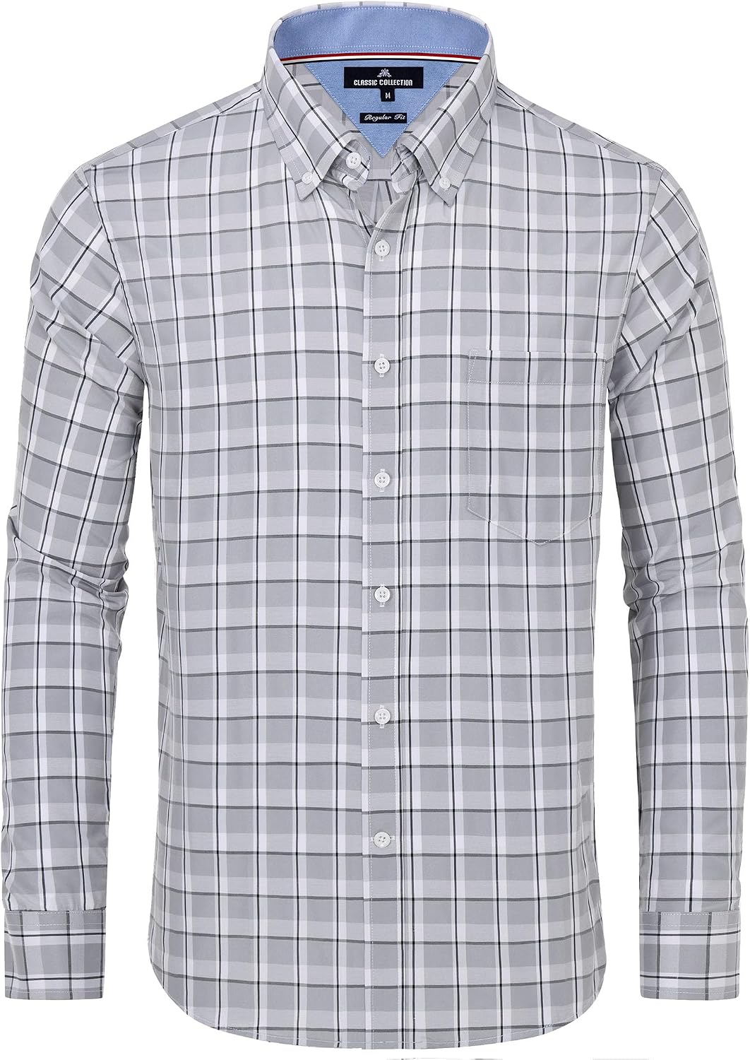 Alimens & Gentle Men's Plaid Button Down Shirts Cotton Long Sleeve Dress Shirts Regular Fit Gingham Shirts Grey Plaid