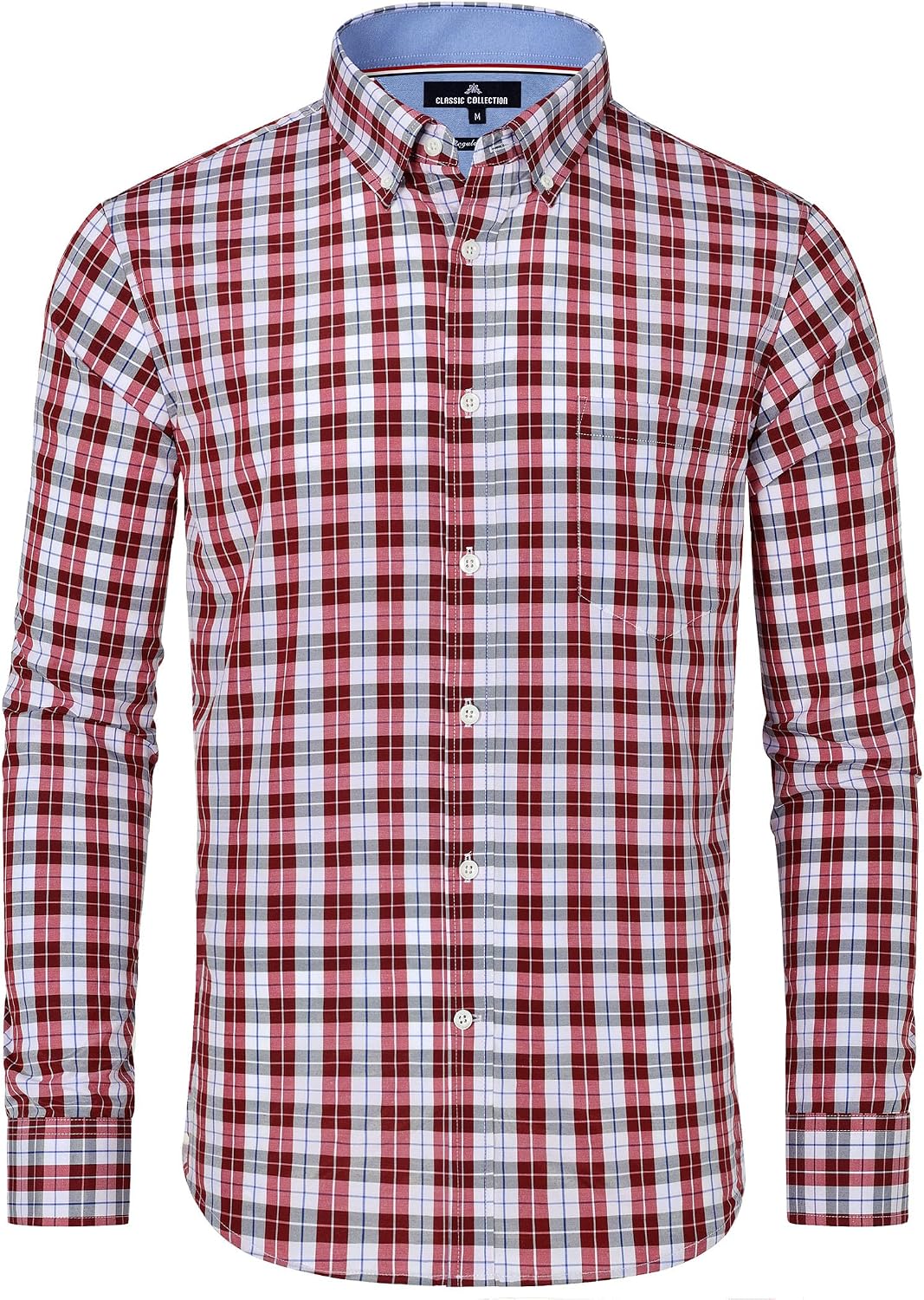 Alimens & Gentle Men's Plaid Button Down Shirts Cotton Long Sleeve Dress Shirts Regular Fit Gingham Shirts Red Plaid