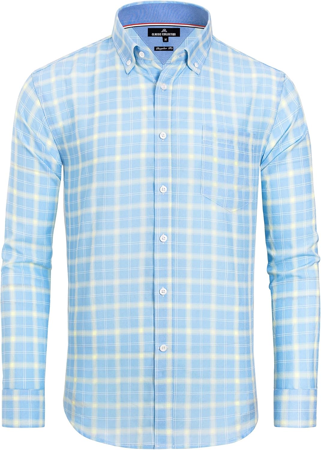 Alimens & Gentle Men's Plaid Button Down Shirts Cotton Long Sleeve Dress Shirts Regular Fit Gingham Shirts Blue/Yellow, Plaid