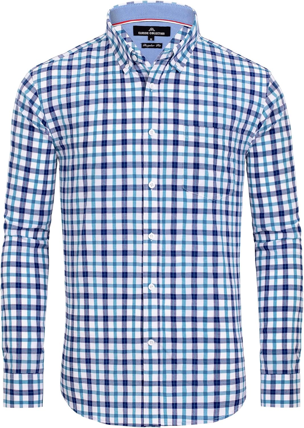 Alimens & Gentle Men's Plaid Button Down Shirts Cotton Long Sleeve Dress Shirts Regular Fit Gingham Shirts Blue, Check