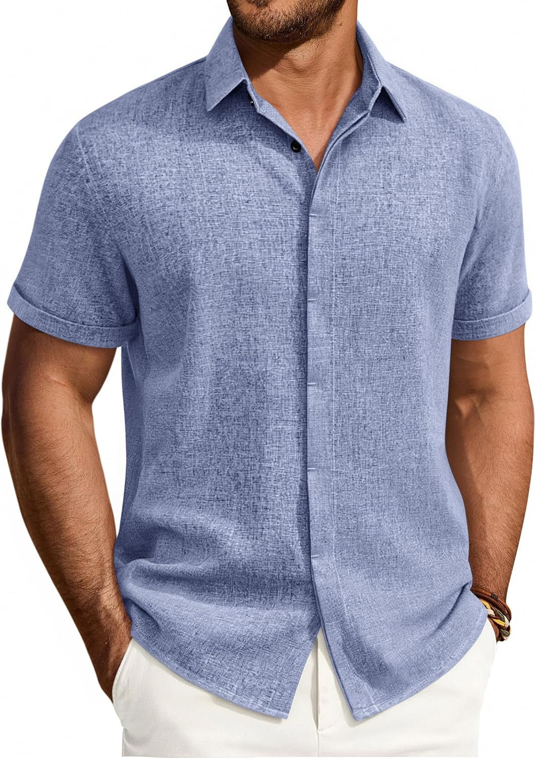 Mens Linen Shirt Short Sleeve Button Down Shirt Summer Casual Beach Tops Blue
