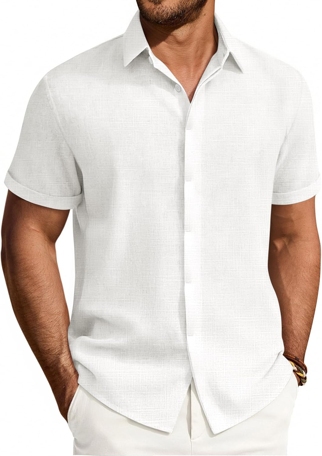 Mens Linen Shirt Short Sleeve Button Down Shirt Summer Casual Beach Tops White