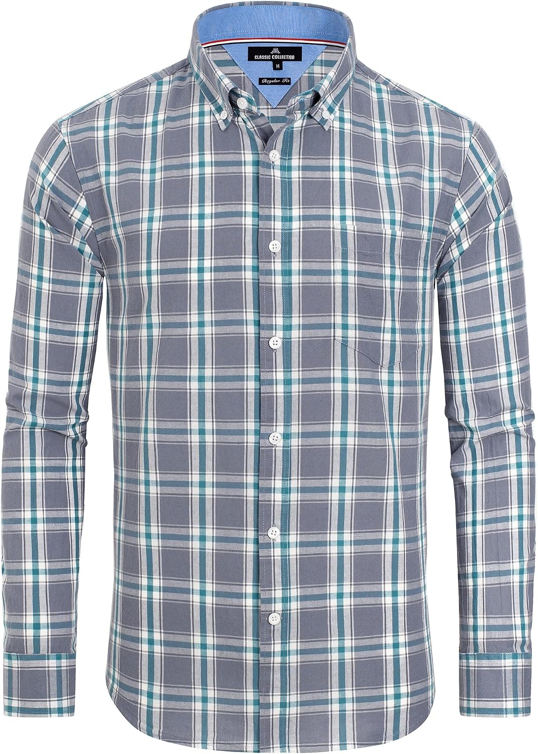 Alimens & Gentle Men's Plaid Button Down Shirts Cotton Long Sleeve Dress Shirts Regular Fit Gingham Shirts Grey/Green, Plaid