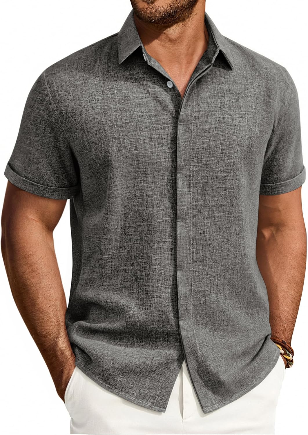 Mens Linen Shirt Short Sleeve Button Down Shirt Summer Casual Beach Tops Grey