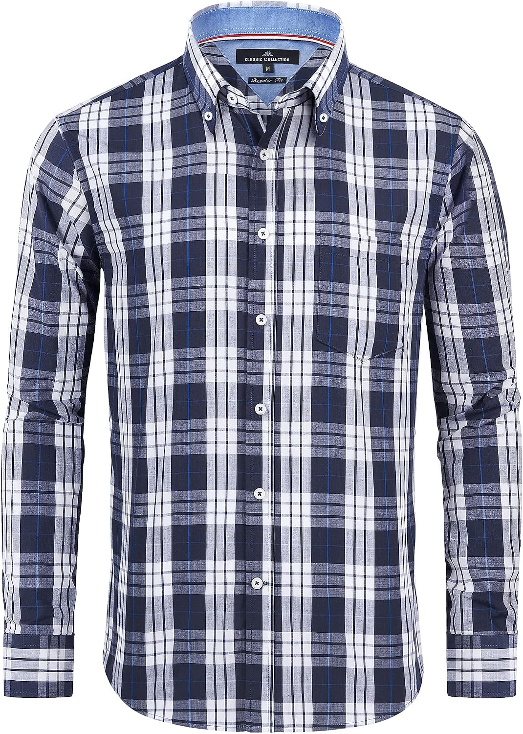 Alimens & Gentle Men's Plaid Button Down Shirts Cotton Long Sleeve Dress Shirts Regular Fit Gingham Shirts Navy Blue,plaid