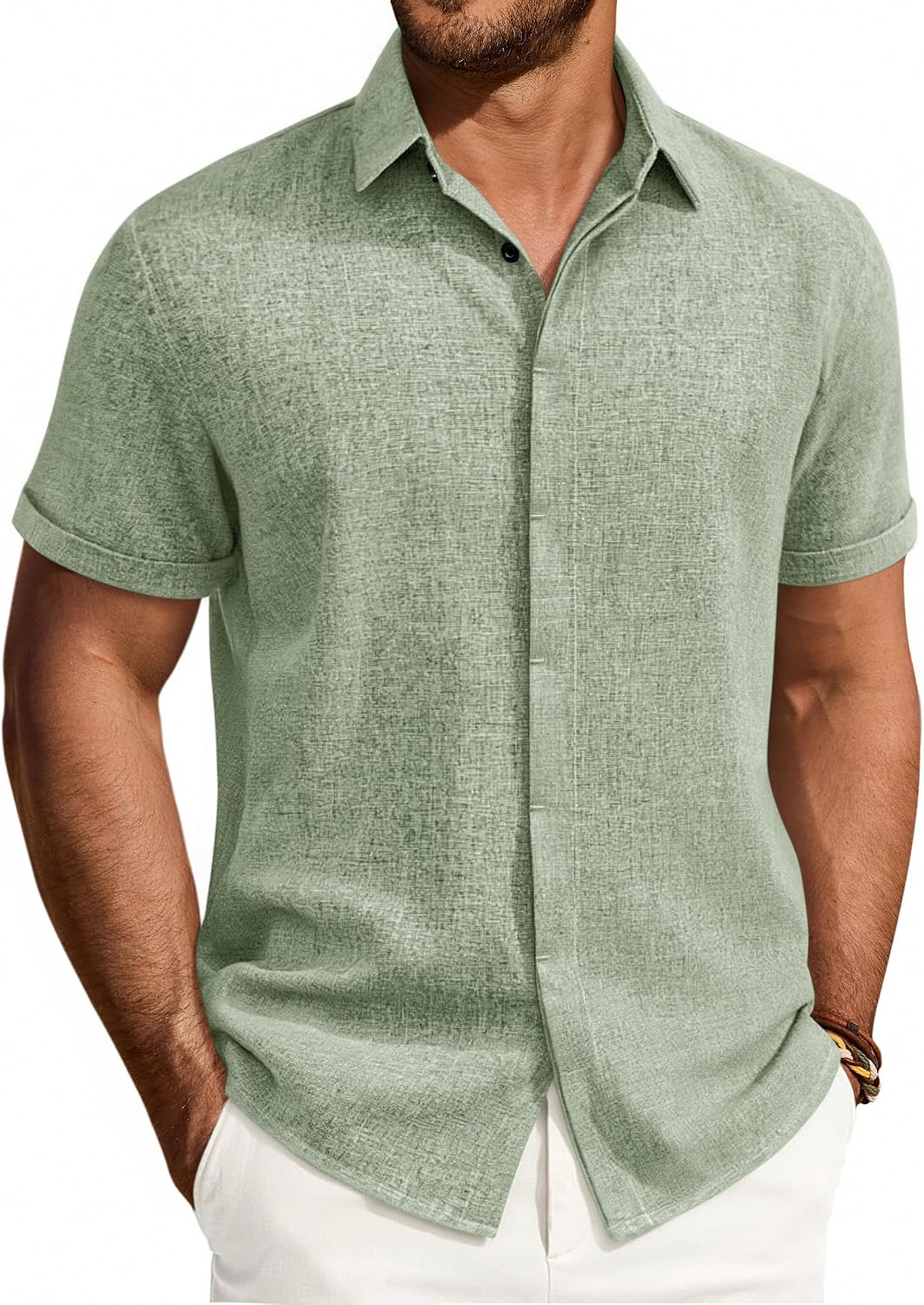 Mens Linen Shirt Short Sleeve Button Down Shirt Summer Casual Beach Tops Green