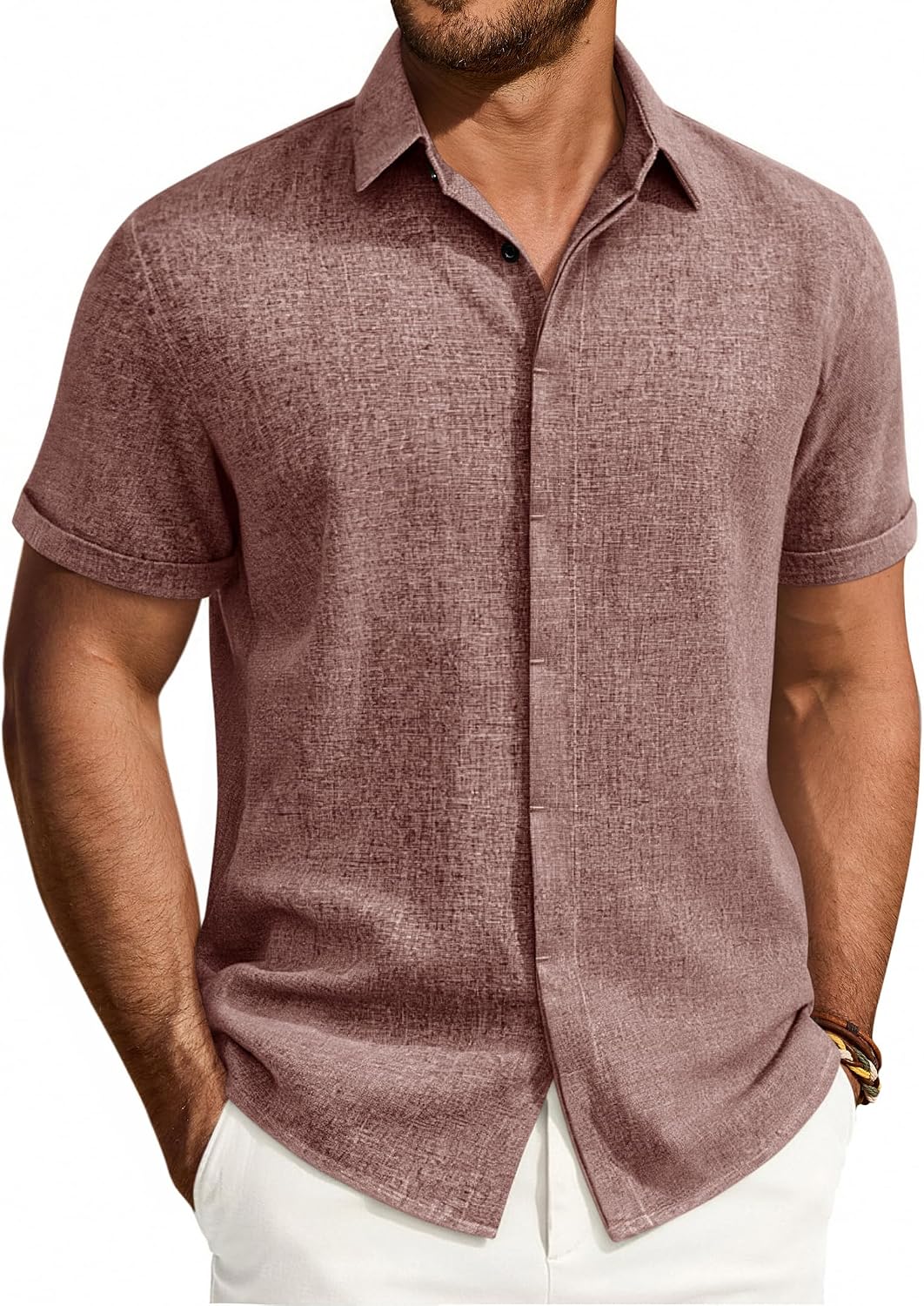 Mens Linen Shirt Short Sleeve Button Down Shirt Summer Casual Beach Tops Burgundy