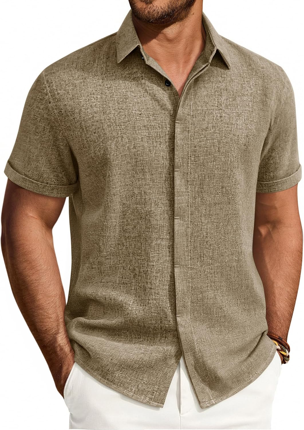 Mens Linen Shirt Short Sleeve Button Down Shirt Summer Casual Beach Tops Brown