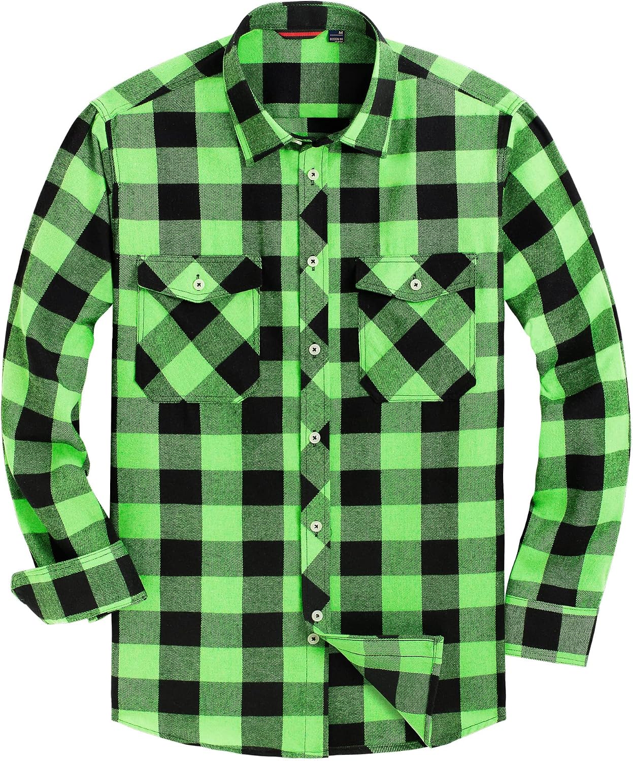 Alimens & Gentle Men's Button Down Regular Fit Long Sleeve Plaid Flannel Casual Shirts Bright Green Black Plaid