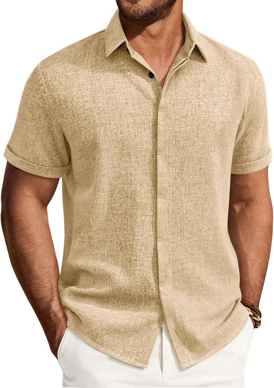 Mens Linen Shirt Short Sleeve Button Down Shirt Summer Casual Beach Tops Khaki