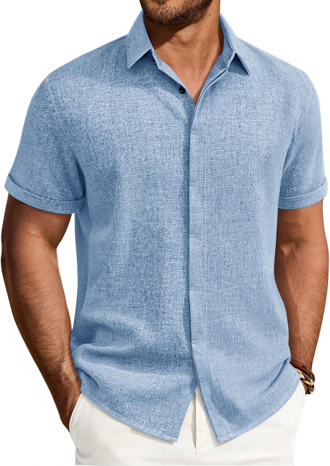 Mens Linen Shirt Short Sleeve Button Down Shirt Summer Casual Beach Tops Light Blue