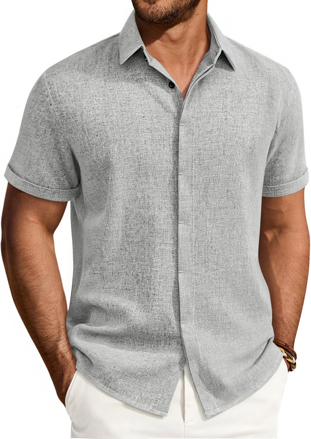 Mens Linen Shirt Short Sleeve Button Down Shirt Summer Casual Beach Tops Pale Grey