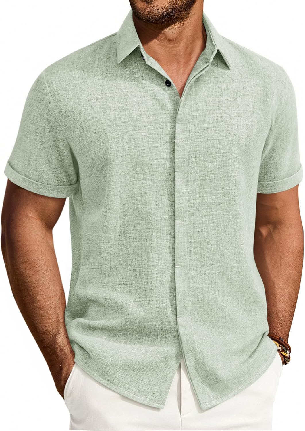 Mens Linen Shirt Short Sleeve Button Down Shirt Summer Casual Beach Tops Light Green