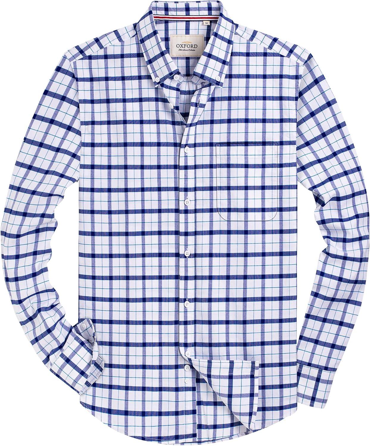 Alimens & Gentle Mens Solid Oxford Shirt Long Sleeve Dress Shirt Work Casual Button Down Shirts with Pocket Check-white