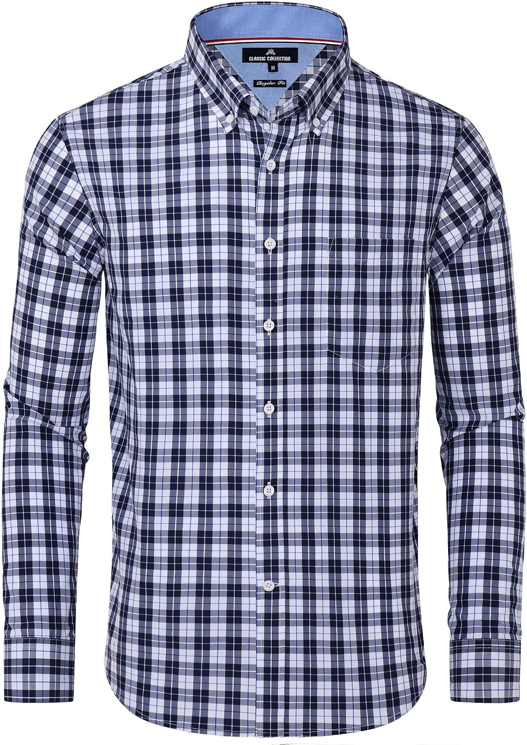 Alimens & Gentle Men's Plaid Button Down Shirts Cotton Long Sleeve Dress Shirts Regular Fit Gingham Shirts Navy Plaid