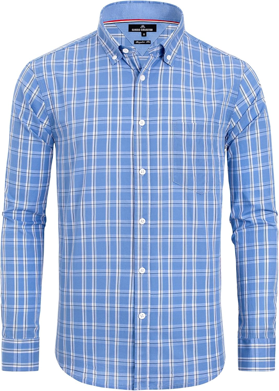 Alimens & Gentle Men's Plaid Button Down Shirts Cotton Long Sleeve Dress Shirts Regular Fit Gingham Shirts Blue, Large Plaid