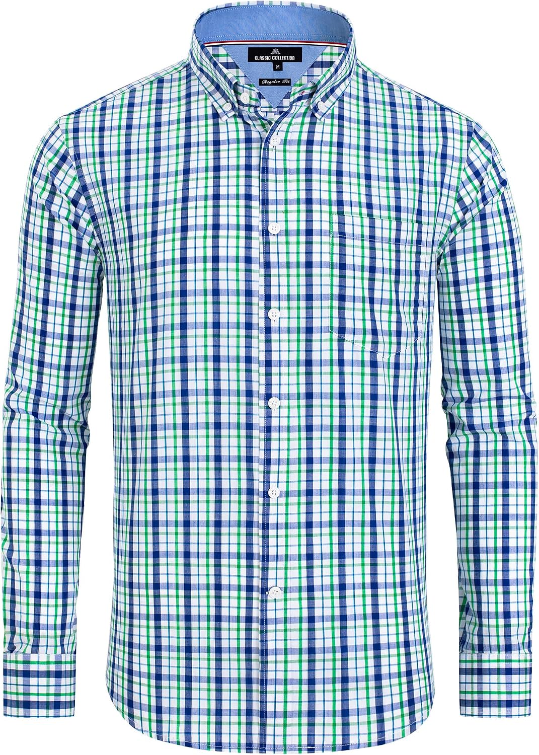 Alimens & Gentle Men's Plaid Button Down Shirts Cotton Long Sleeve Dress Shirts Regular Fit Gingham Shirts Green Navy, Plaid