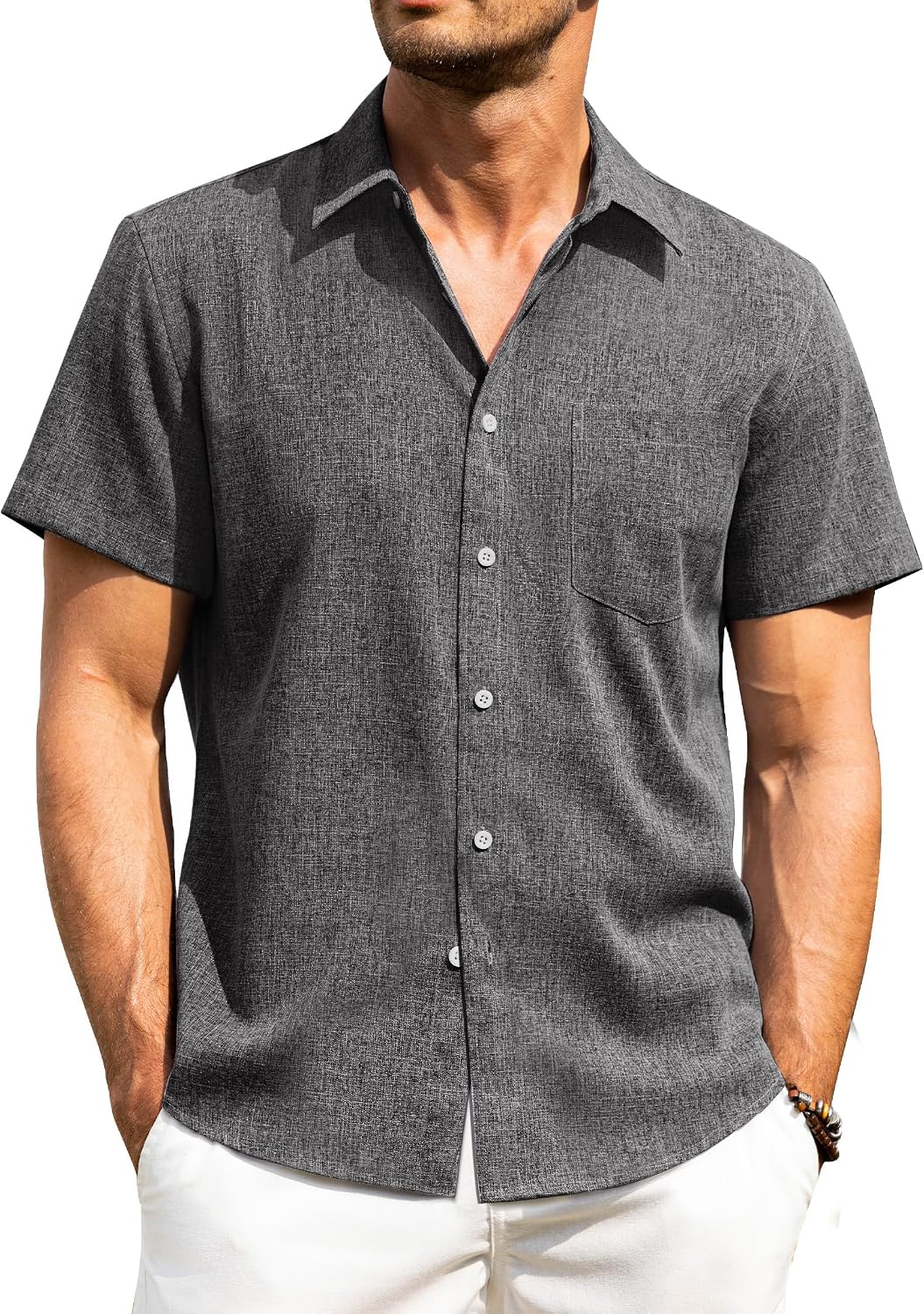 Alimens & Gentle Mens Linen Shirts Short Sleeve Button Down Shirts Wrinkle Free Casual Vacation Beach Summer Tops Black Grey