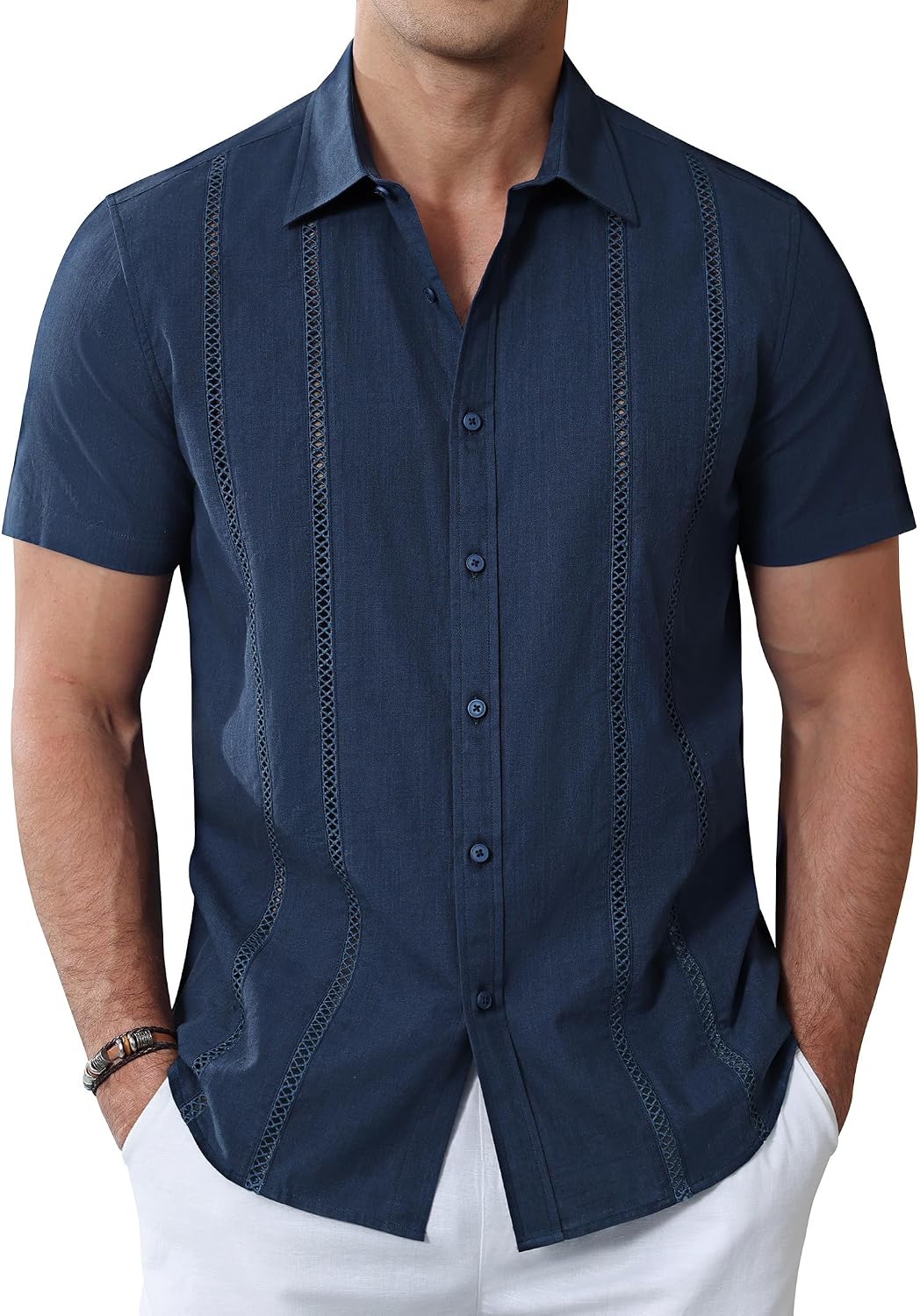 Alimens & Gentle Men's Cuban Guayabera Shirts Cotton Linen Short Sleeve Button Down Shirts Casual Summer Beach Camp Shirt Navy Blue