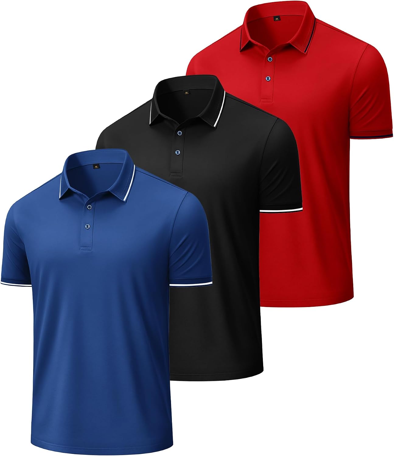 Alimens & Gentle 3 Pack Polo Shirts for Men Dry Fit Performance Short Sleeve Moisture Wicking Business Casual Golf Shirts Royal Blue Black Red