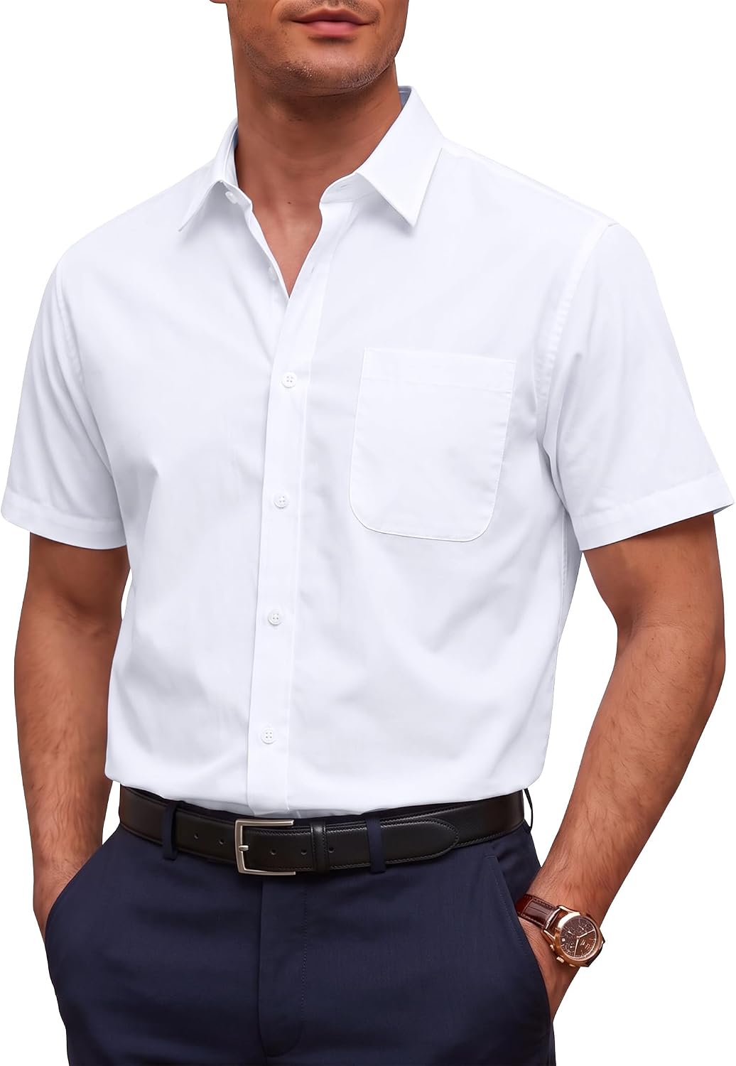 Mens Short Sleeve Dress Shirt Wrinkle Free Button Down Shirt with Pocket White