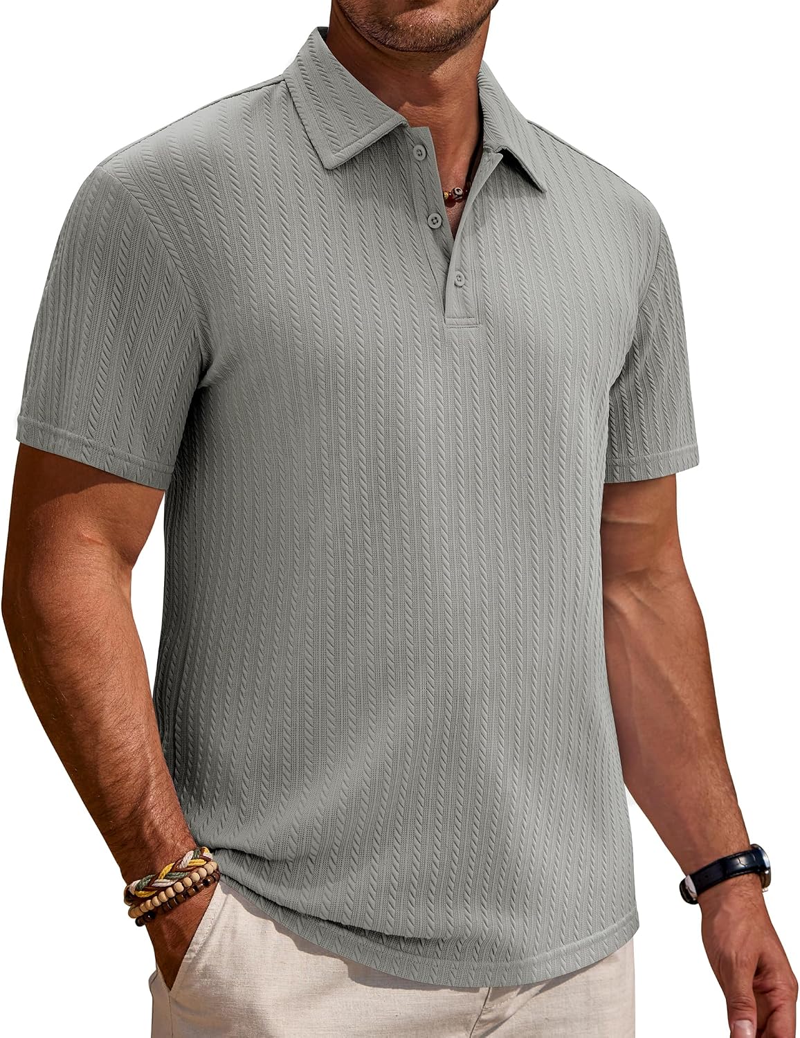Mens Polo Shirts Short Sleeve Textured Knit Casual Stretchy Golf Shirts Grey