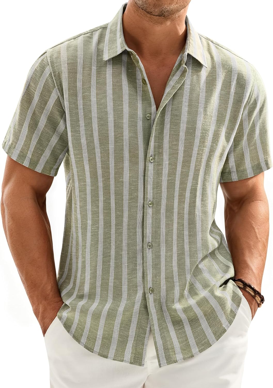 Mens Linen Shirt Striped Short Sleeve Button Down Summer Beach Shirt Green