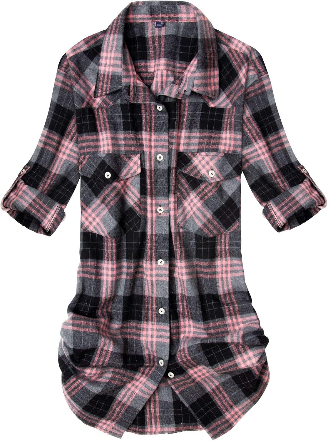 Alimens & Gentle Pure Cotton Flannel Shirt Women Long Sleeve Plaid Shirts Pink Grey