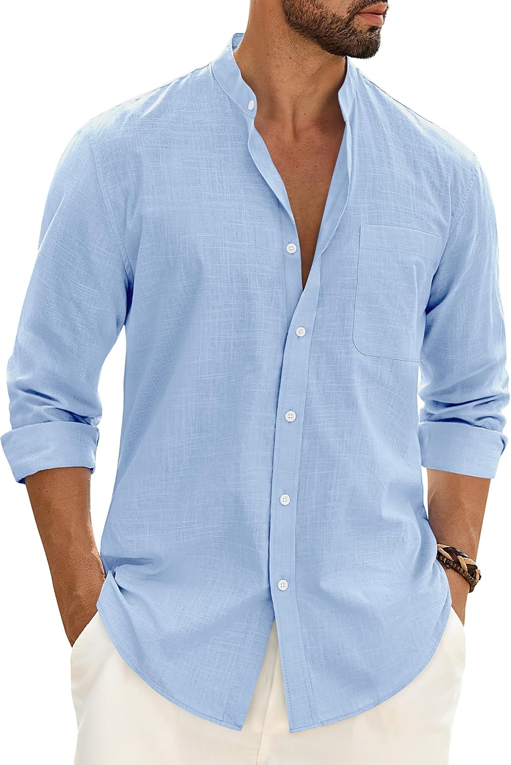 Alimens & Gentle Men's Cotton Linen Shirts Long Sleeve Button Down Shirt Band Collar Beach Shirts Cool Blue